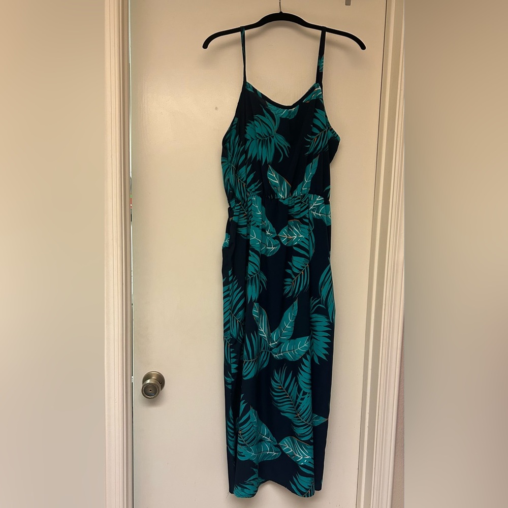 SHEIN Navy Midi Dress with Teal Leaf Print